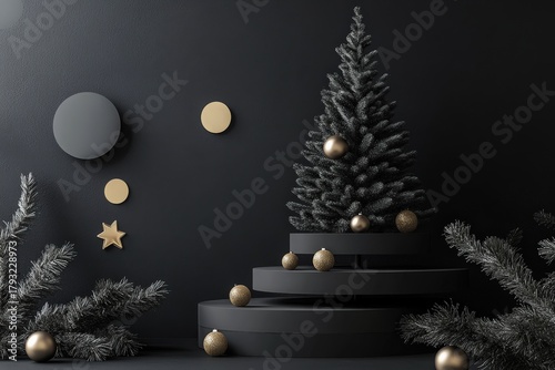 Minimalist dark holiday display features monochromatic tree and metallic accents