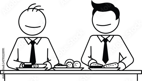 Two cartoon businessmen in suits and ties sitting at a table looking forward with blank faces representing a meeting or interview