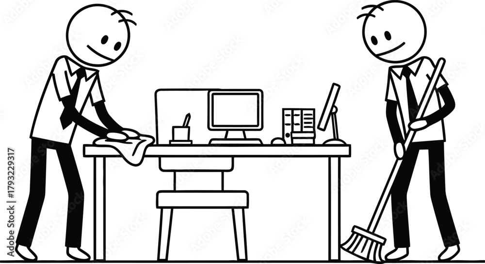 Fototapeta premium Two cartoon stick figures diligently cleaning and organizing an office desk with a computer and chair promoting tidiness and productivity