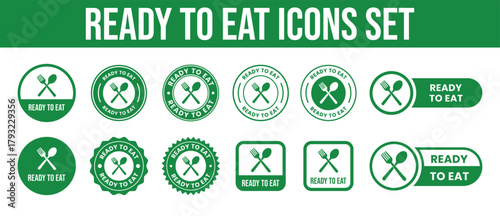 Ready to Eat vector stamp for food product packaging information. Ready to Eat sign, logo, badge, icon, sticker, label, emblem, stamp