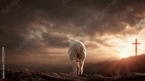Concept of resurrection of jesus christ lamb of god in front with cross in background and sunset 
