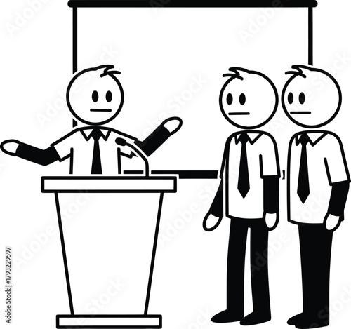 Stick figure presenter at podium with two confused or concerned listeners standing nearby in front of a blank whiteboard