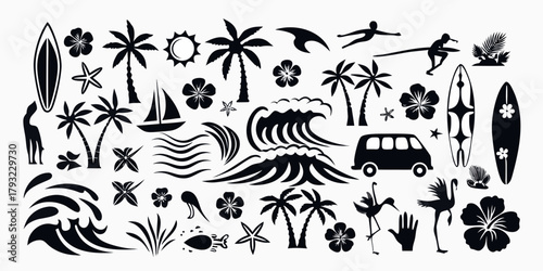 Collection of black silhouette tropical beach vacation elements including surfboards palm trees waves and exotic birds