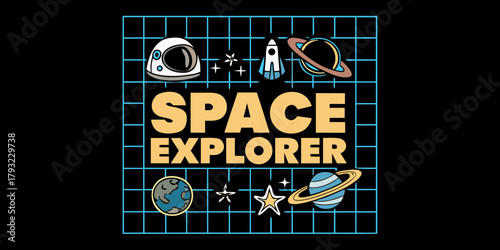 Space explorer text with planets rocket stars and astronaut helmet illustration