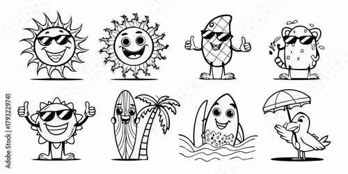 Collection of eight cartoon characters enjoying summer vacation with sunglasses and beach themes