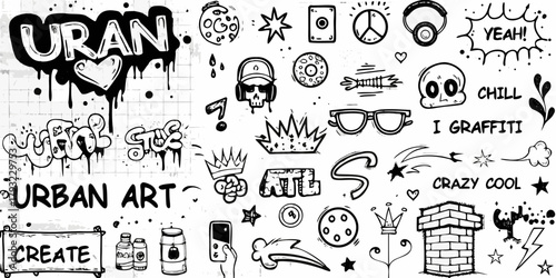 Collection of urban art graffiti elements and doodles including skulls crowns and text