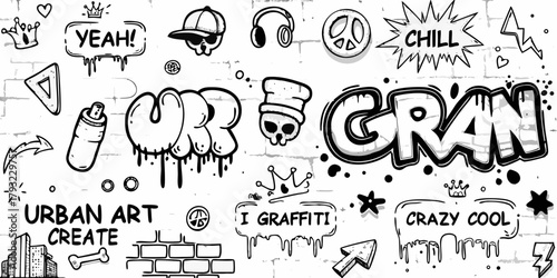Urban graffiti art elements and phrases including skulls crowns spray paint and inspirational words on brick wall background