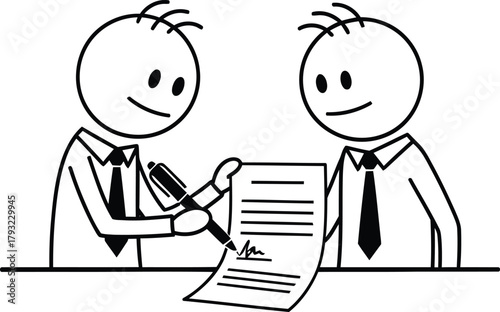 Two cartoon stick figures in business attire reviewing and signing a document together at a table symbolizing agreement and partnership
