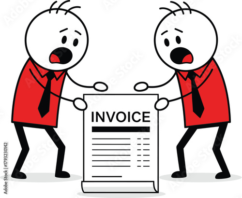 Two cartoon businessmen in red shirts and black ties looking shocked and distressed at a large invoice document