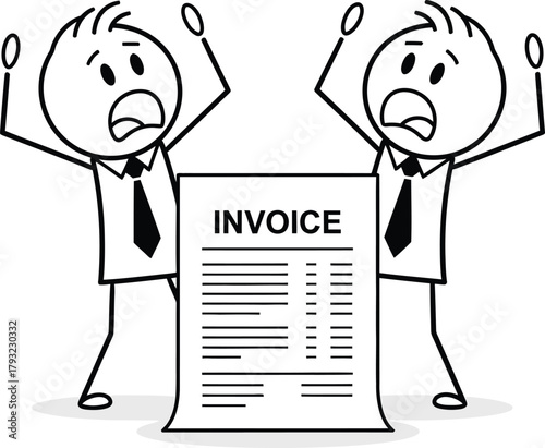 Two distressed stick figures in business attire react with shock and despair to an overwhelming and expensive invoice document