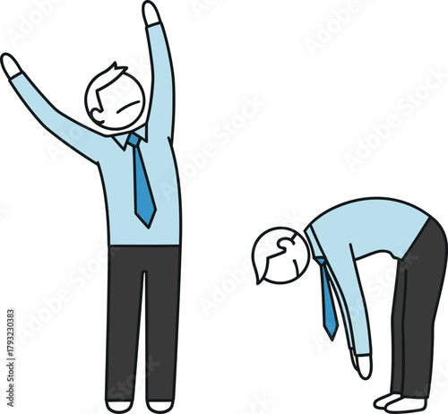 Two businessmen in office attire performing stretching exercises to promote flexibility and well being during the workday