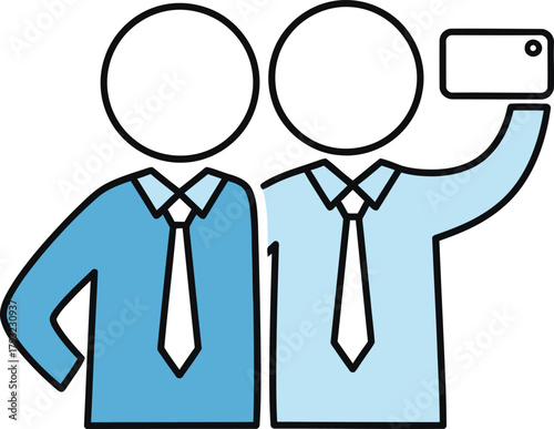 Two stylized stick figures in matching blue shirts and ties taking a selfie with a smartphone representing friendship and shared moments