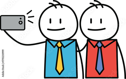 Two cheerful stick figures in colorful shirts and ties taking a selfie together with a smartphone representing friendship and modern technology