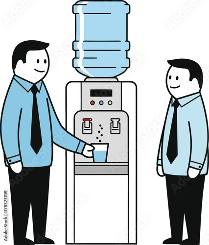 Two businessmen in office attire standing by a water cooler one dispensing water representing office life and hydration