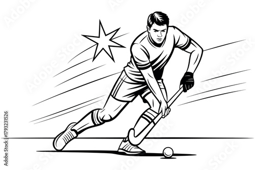 A male hockey player dribbles the ball with his stick during a game.