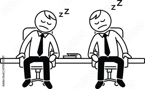 Two cartoon businessmen in suits and ties are fast asleep at their desks illustrating exhaustion and boredom in the workplace
