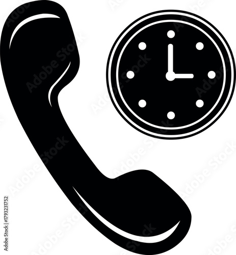 vector illustration black and white icon telephone tube and clock in call time concept