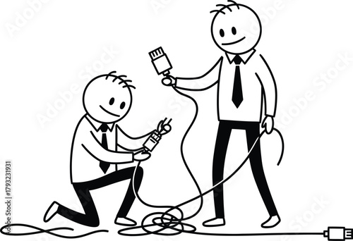 Two cartoon businessmen struggling to connect tangled computer cables and electrical cords in a humorous illustration