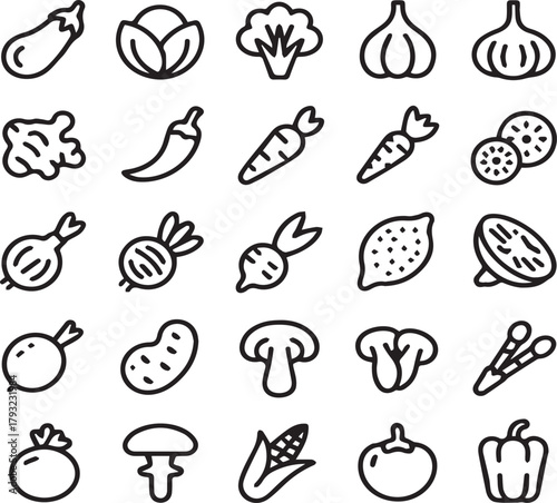 Collection of black and white line art icons of various vegetables and fruits eggplant cabbage