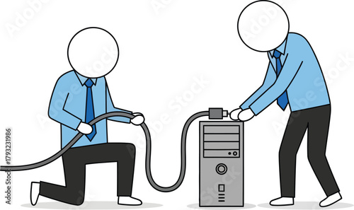 Two businessmen in blue shirts and ties connecting a cable to a computer tower on a white background