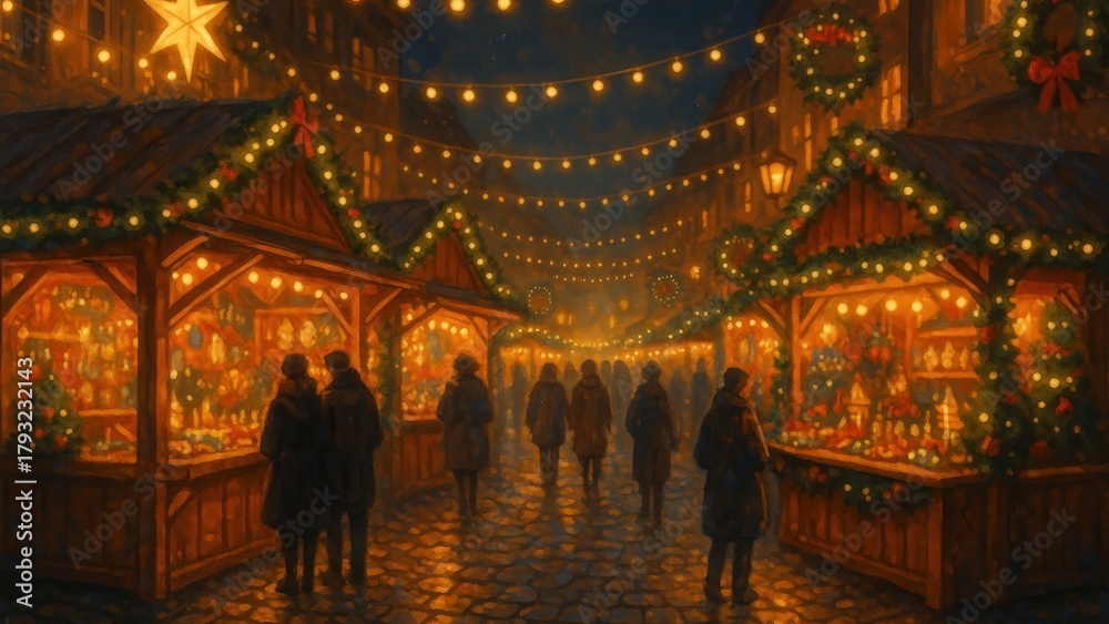 Obraz premium Festive market lights winter evening desktop wallpaper