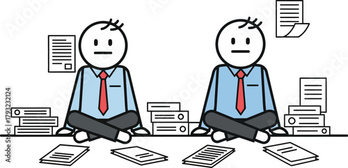 Two cartoon businessmen sitting cross legged surrounded by stacks of paperwork and folders representing overwhelming office work and deadlines