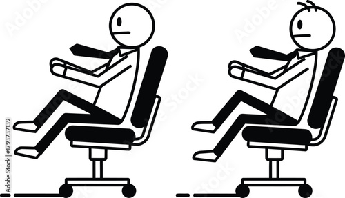 Two simple cartoon stick figures sitting in office chairs with steering wheels illustrating a concept of driving or control