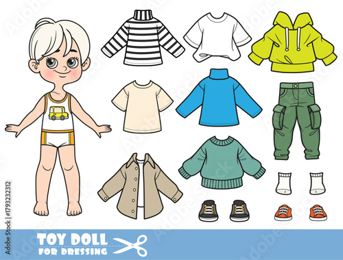 Cartoon blond boy and clothes separately - shirt, longsleeve, cargo pants, turtleneck, hoodie and sneakers