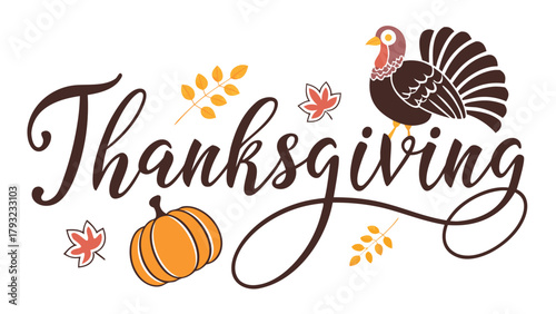 Thanksgiving banner design with bold decorative lettering on wooden texture background, surrounded by harvest elements like corn, gourds, and turkey feathers