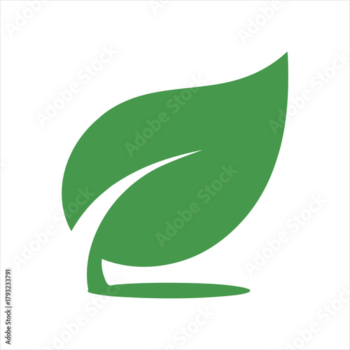 Simple green leaf icon with a curved stem on a white background symbolizing nature and growth