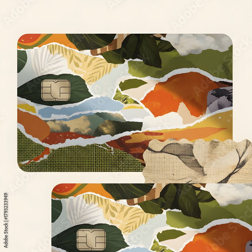 Abstract artistic design of credit card with colorful landscape imagery  