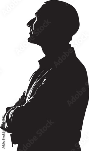 Minimalist high-contrast black and white silhouette portrait of a man in a tailored suit with crossed arms and strong backlight