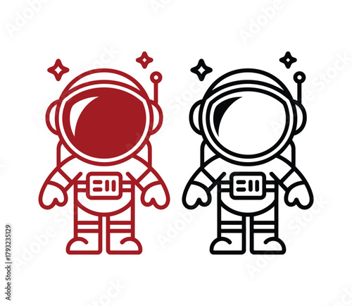 Two simplified astronaut icons, one in red and one in black outline, are shown with sparkling stars.