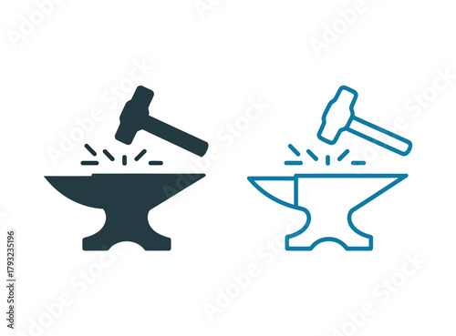 Illustrations of a hammer striking an anvil, representing industry and craftsmanship