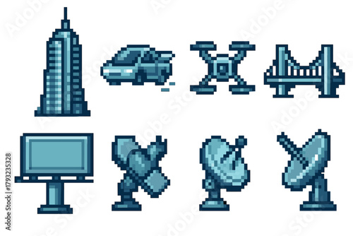 Collection of pixel art icons featuring a skyscraper, car, drone, bridge, billboard, satellite, and radar dish, in a retro digital style.