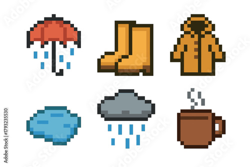 Pixel art icons depicting rainy weather essentials, including an umbrella with raindrops, rubber boots, a raincoat, a puddle, a cloud with rain, and a steaming mug.
