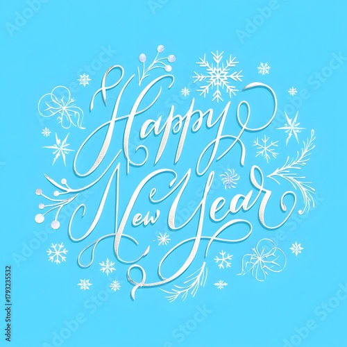 Happy New Year Script Typography with Snowflakes