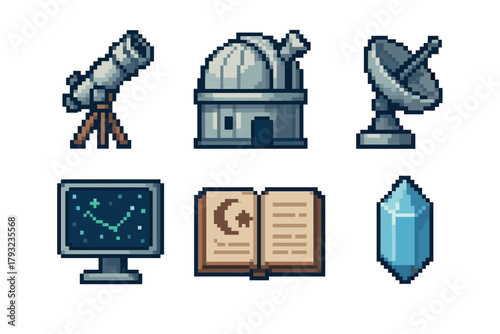Pixel art icons of an astronomical telescope, observatory dome, satellite dish, computer with star map, open astronomy book, and blue crystal.