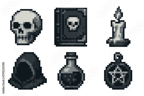 Pixel art icons depicting a skull, book with skull, candle on a holder, hooded cloak, potion bottle, and pentagram amulet.