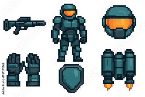Pixel art illustration of a futuristic armored suit with helmet, gloves, shield, rifle, and jetpack, designed for a sci-fi or gaming theme.