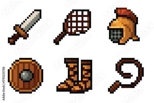 Six pixel art icons depicting a sword, tennis racket, helmet, shield, pair of boots, and a whip suggest medieval and adventure themes.