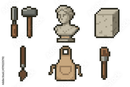 Pixel art depiction of sculpting tools and a stone bust arranged in a grid layout, including a chisel, mallet, clay, trowel, apron, and hammer.