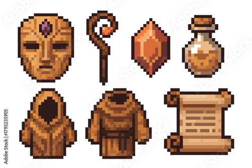 Set of pixel art fantasy rpg items including a mystical mask, magical staff, red gemstone, potion bottle, two robes, and a scroll, ideal for game designs.