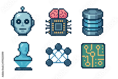 Pixel art icons depicting a robot head, a brain with microchip, a database, a sculpture bust, a network diagram, and a circuit board.
