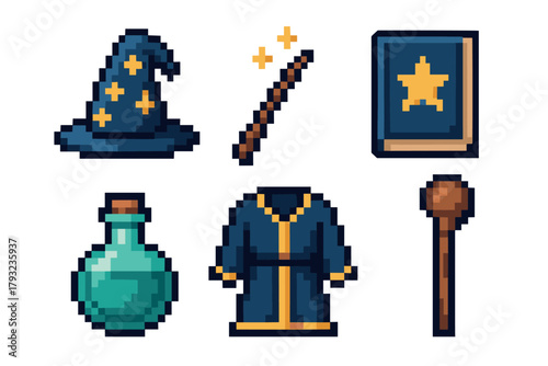 Pixel art icons featuring a wizard's hat, magic wand, spellbook, potion bottle, robe, and staff for fantasy game design.