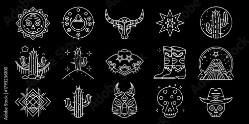Collection of stylized white line art icons representing mexican and western culture on a black background