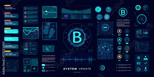 Futuristic digital interface with data visualization and system update information