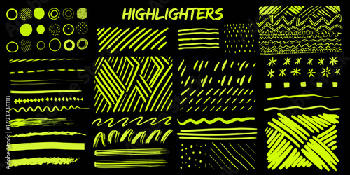 Collection of bright yellow highlighter pen strokes and graphic elements on black background