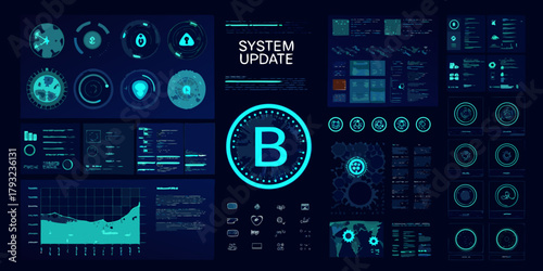 Futuristic digital interface with system update notification and bitcoin symbol on dark blue background
