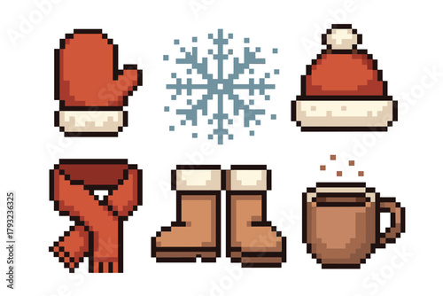 Pixel art winter accessories including a warm red mitten, snowflake, cozy red hat, red scarf, brown boots, and a steaming mug.